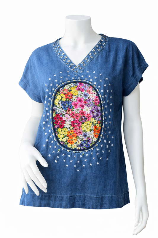 Short-Sleeve Hemp & Cotton Blend Blouse with Hand-Embroidered Patch