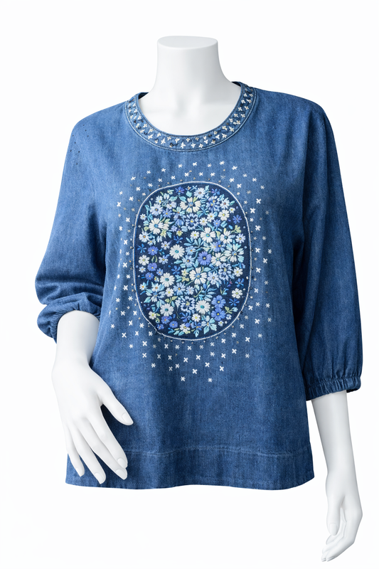 Three-Quarter Sleeve Hemp & Cotton Blend Blouse with Hand-Embroidered Batik