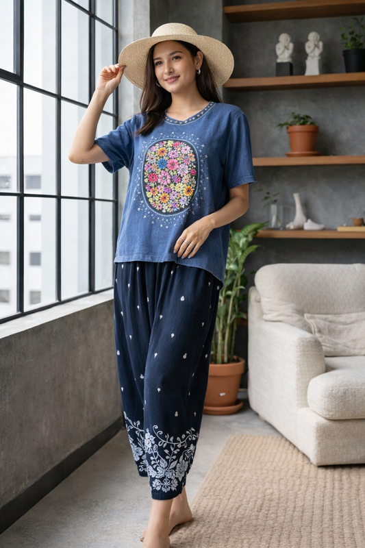 Women's Balloon Trousers in Hemp & Cotton Blend with Hand-Embroidered Hem