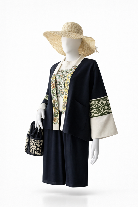 Premium Hemp & Cotton Blend Cardigan with Hand-Embroidered Batik and Hmong Fabric Accents