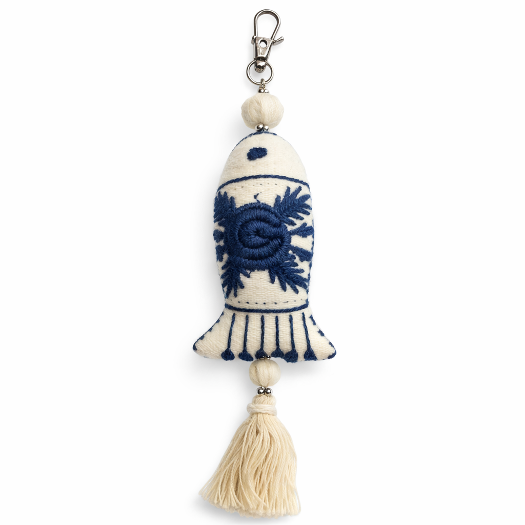 Jurairat Embroidery - Hand-Embroidered White Fish Keychain