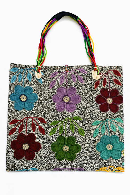 Thai Lue Fabric (Bualawong) - Large Hand-Embroidered Tribal Crossbody Bag