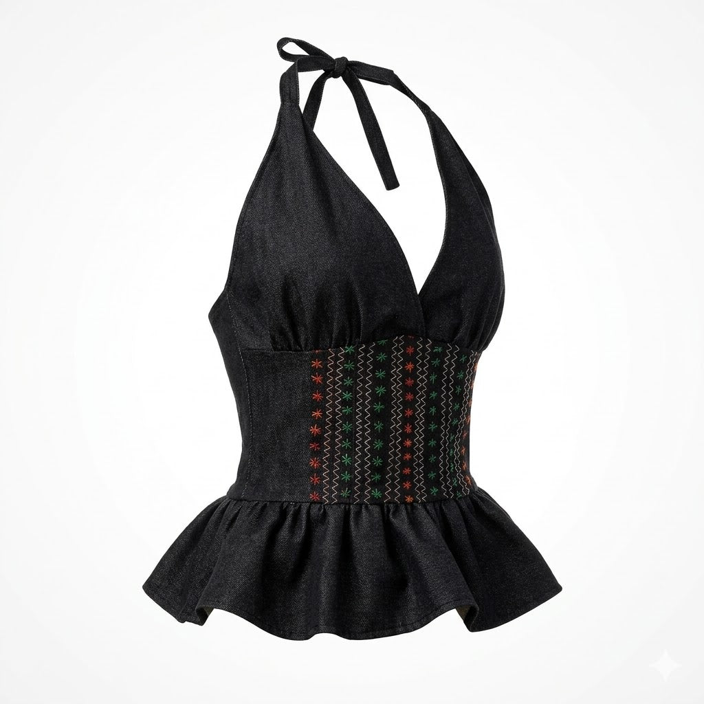 Modaloom – Artisan Halter Denim Peplum Top