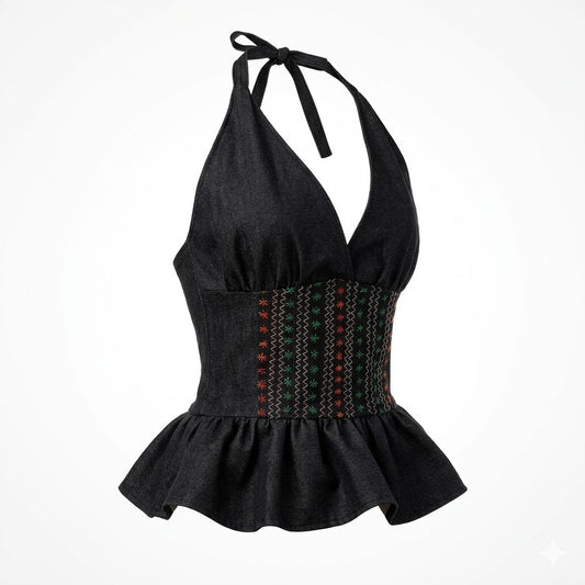 Modaloom – Artisan Halter Denim Peplum Top