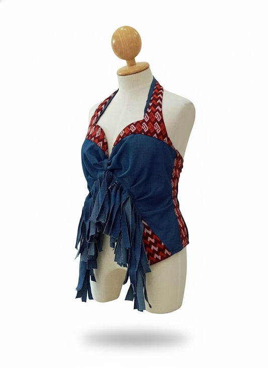 Modaloom – Artisan Denim Halter Fringe Top