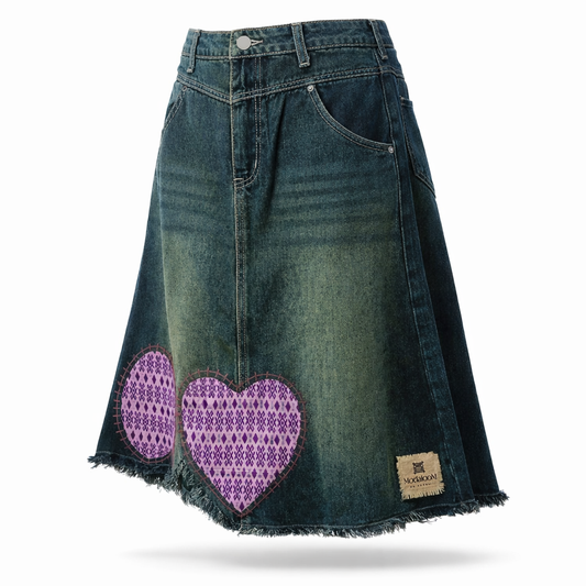 Modaloom – Artisan Heart Patch Denim Skirt