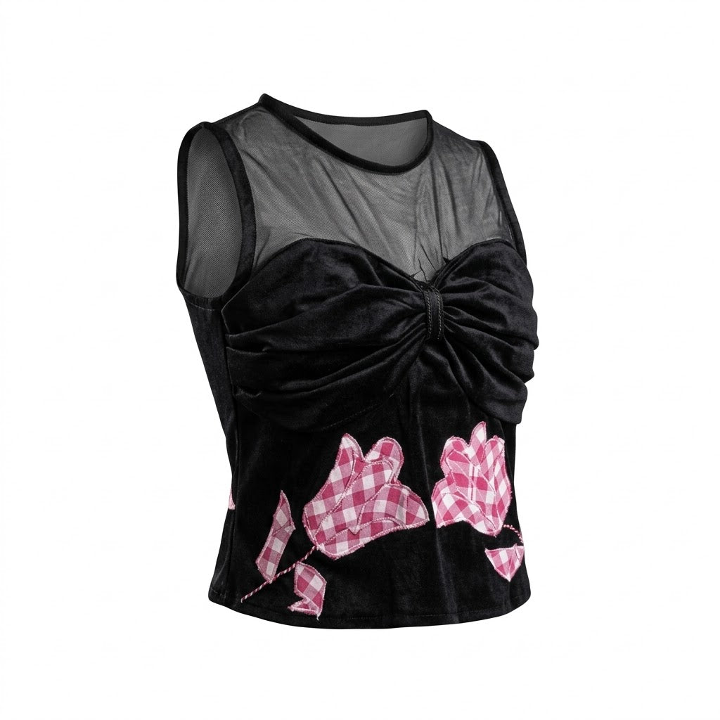 Modaloom – Elegant Mesh Bow Velvet Top