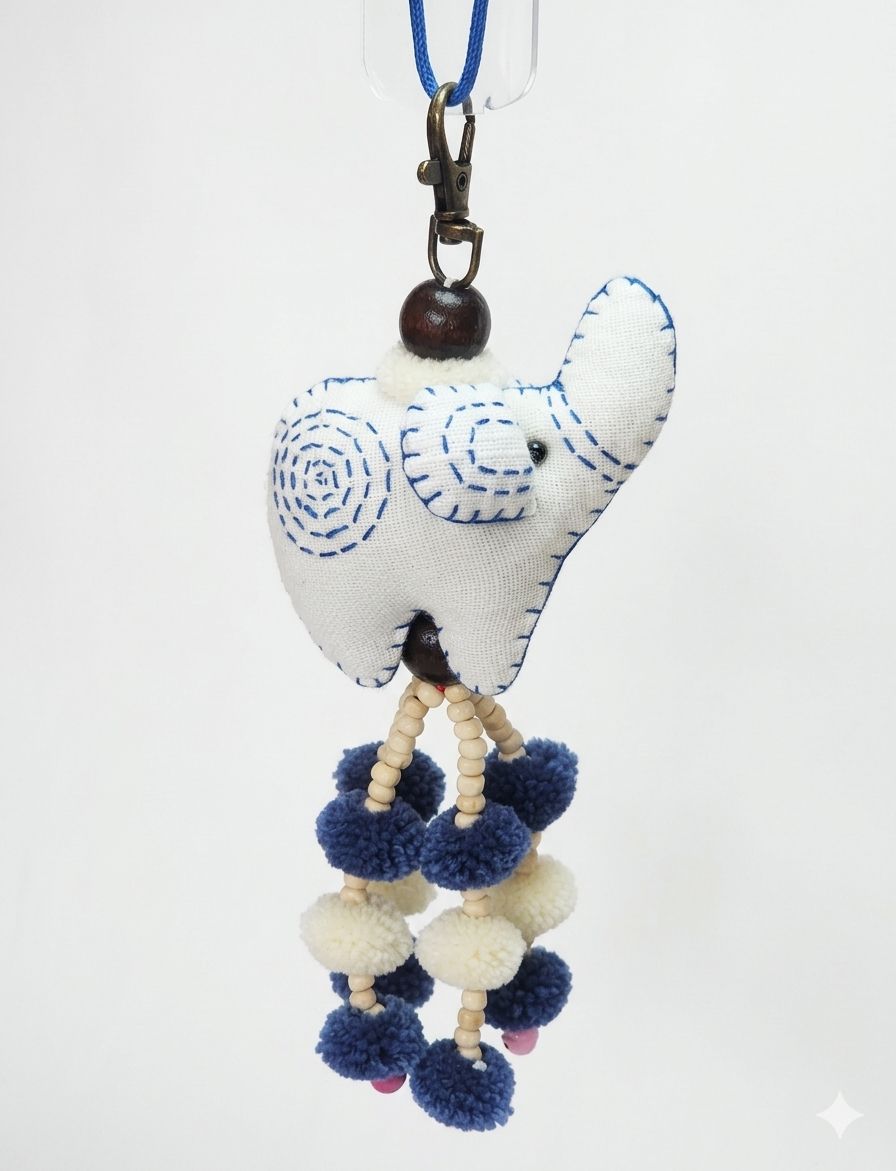 Mae Ying - Small Round-Bottom Elephant Hand-Embroidered Keychain